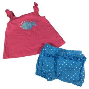 👣 5/$25 - Pink/Blue 2 Piece Polka Dot "Aunty Loves Me" Outfit w/ Ruffle Detail